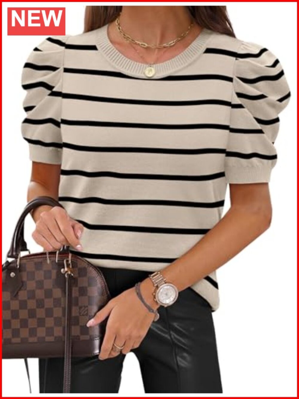 Short Puff Sleeve Knit Sweater Crewneck Striped Women's Pullover